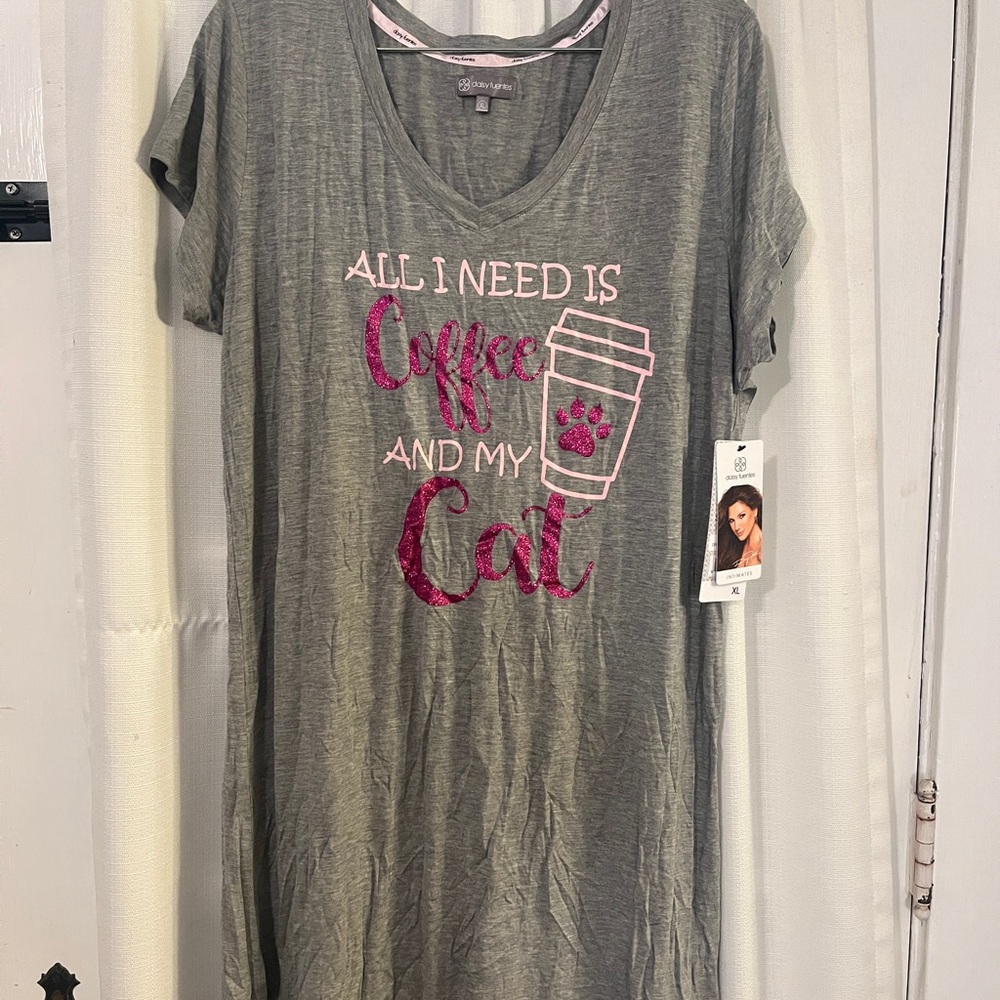NWT V-neck Sleep Shirt XL All I Need Is Coffee And My Cat Short Sleeve